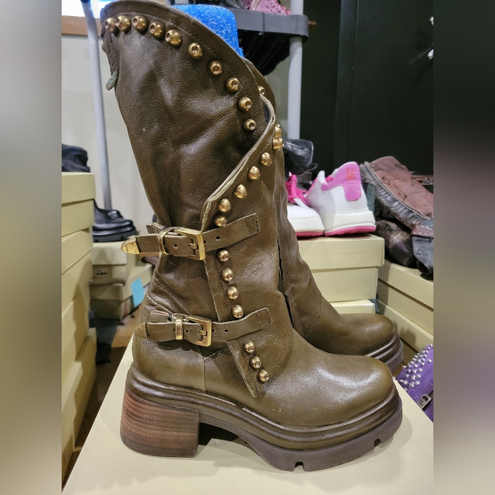 NEW A.S.98 Easton OLIVE GREEN Studded Leather Boots 37